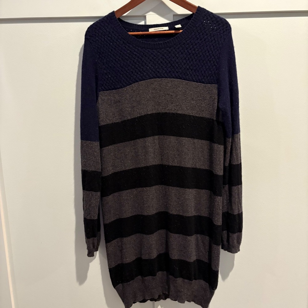 Country Road Wool Cashmere‎ Blend Sweater Dress Large Gray Black Navy Striped